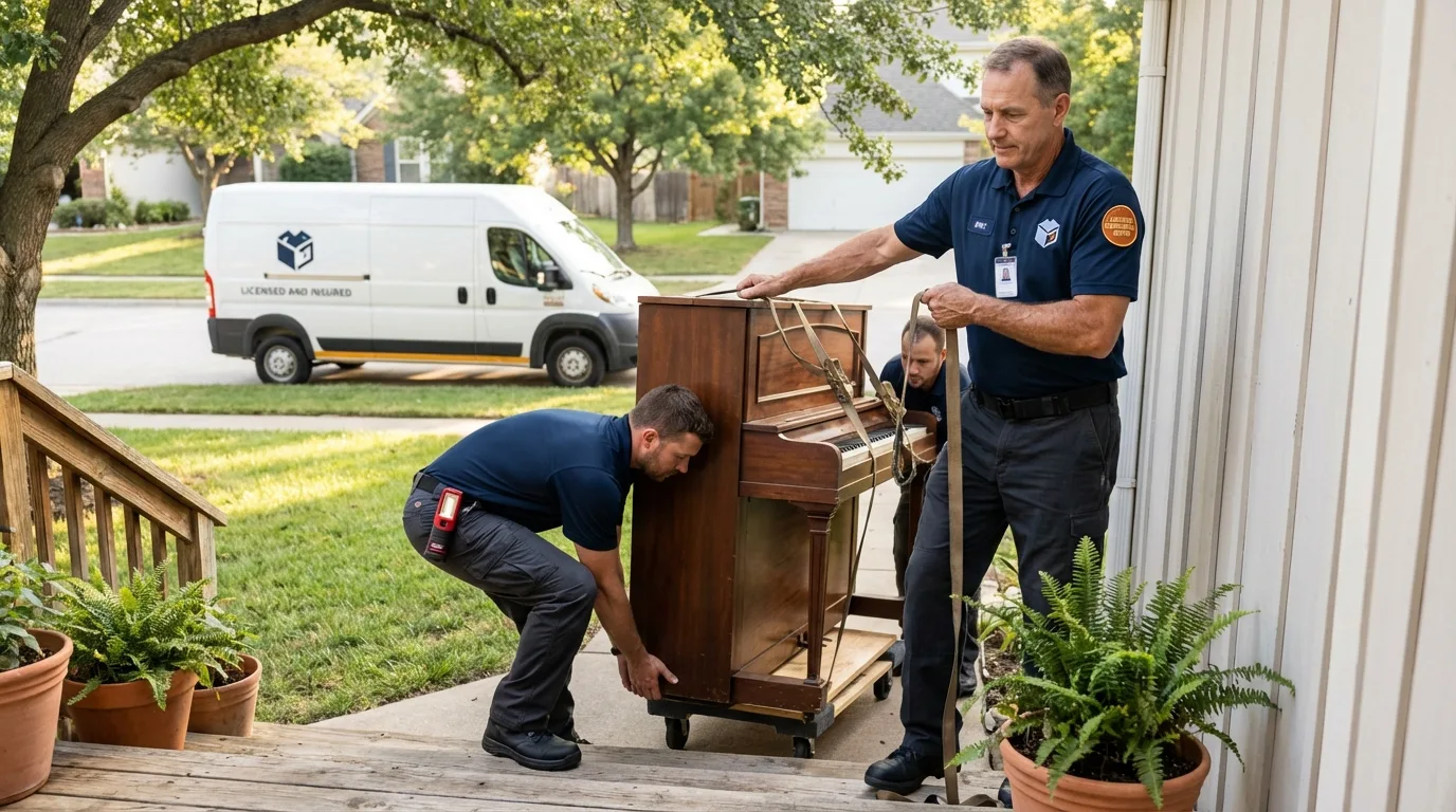 Licensed piano movers securing grand piano in Fort Pierre, SD