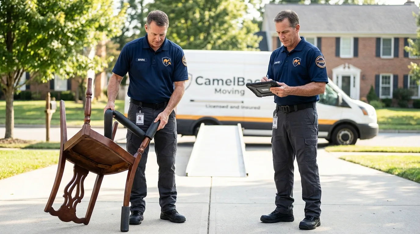 Movers inspecting furniture for damage prevention before loading in Fort Pierre, SD