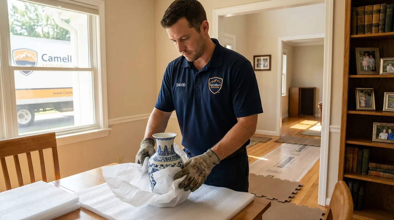 Professional crew carefully wrapping antique vase for senior downsizing move in Fort Pierre, SD